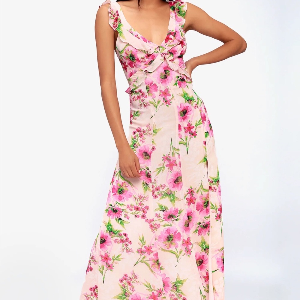Lulu’s Feeling Fleur-ty Blush Pink Floral Print Ruffled Maxi Dress Size XL
